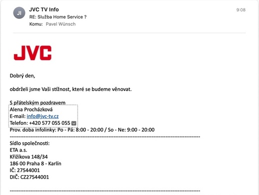 JVC potrvzení stížnosti